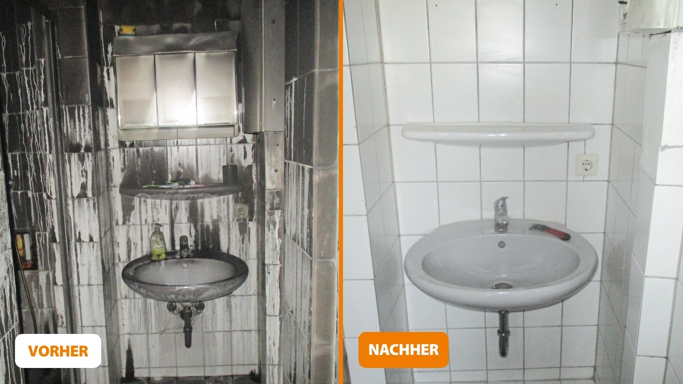 Brandschadensanierung, Badezimmer Fliesen, Vorher & Nachher | SMS Group